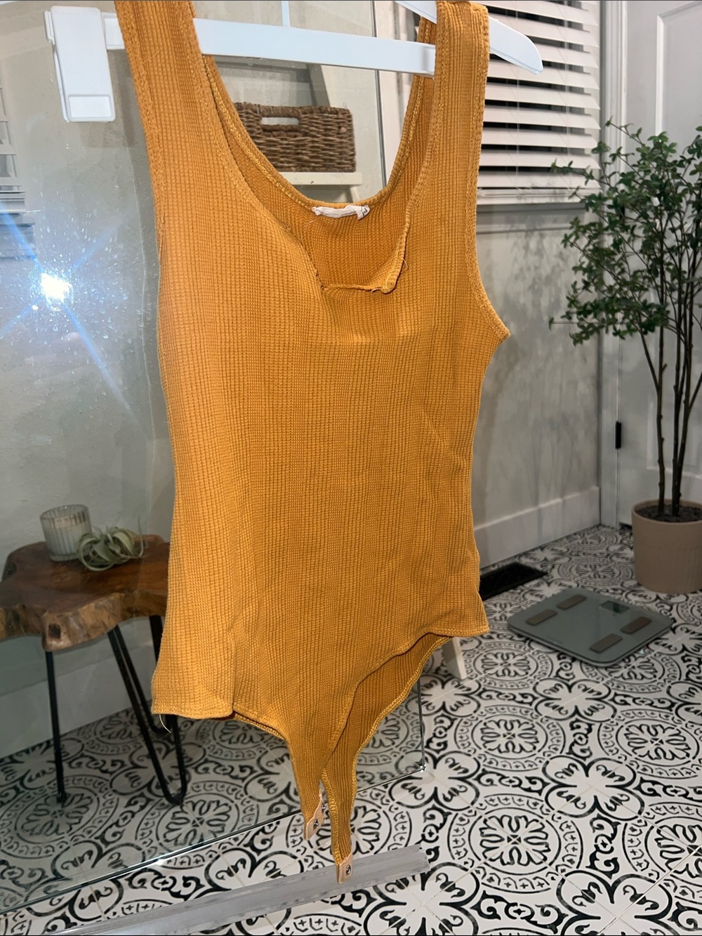 Ribbed Sleeveless Bodysuit in Mustard Yellow